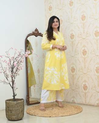 Blue Floral Printed Cotton Kurta Set with White Pants