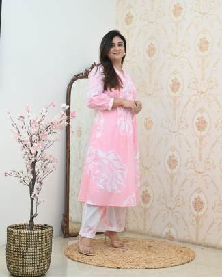 Blue Floral Printed Cotton Kurta Set with White Pants