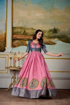 Elegance Pink Color Dola Silk K Alamkari Printed Party Gown 