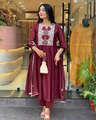 Elegant Cotton Anarkali Kurta Set With Embroidery Printed Malmal Dupatta
