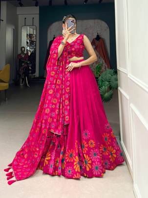 FLORAL PRINT PINK COLOR TUSSAR SILK LEHENGA CHOLI 