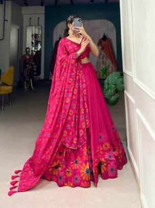 FLORAL PRINT PINK COLOR TUSSAR SILK LEHENGA CHOLI