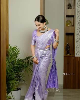 Lavender Kanjivaram Pattu Saree For Wedding Ready To Wear Silk Brocade Saree