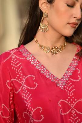 Pink Peach And Orange Ombre Pure Crepe Bandhani Suit Set