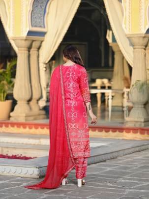Pink Peach And Orange Ombre Pure Crepe Bandhani Suit Set