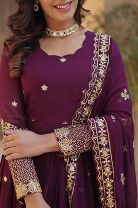 Purple Faux Georgette Gown With Embroidered Sequins And Zari Work