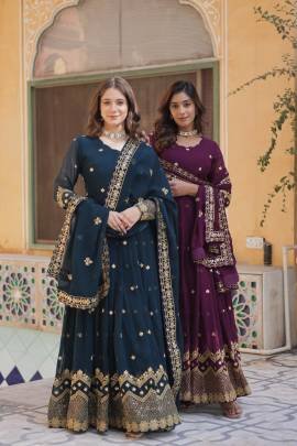Purple Faux Georgette Gown With Embroidered Sequins And Zari Work