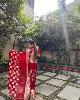 Red And Golden Colour Designer Saree For Karwa
