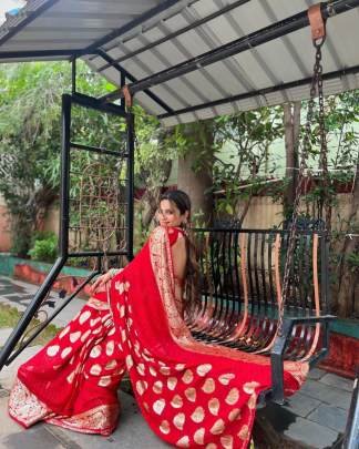 Red And Golden Colour Designer Saree For Karwa