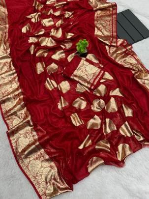 Red And Golden Colour Designer Saree For Karwa