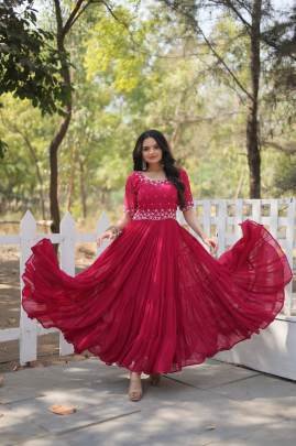 Ruby Red Embroidered Georgette Anarkali Gown