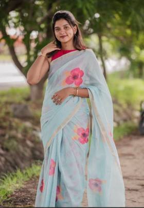 Trending Cotton Linen Saree With Digital Printed