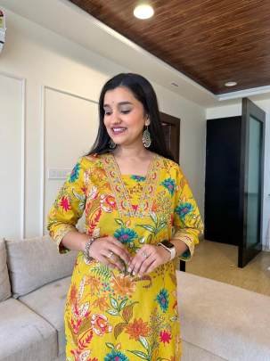 Yellow And Pink Floral Print Kurta Set