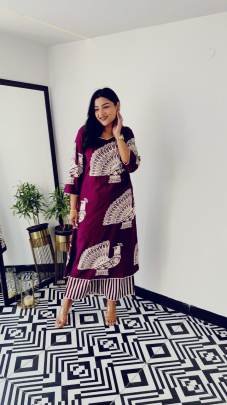 Yellow Mustard Peacock Printed Pure Cotton Kurta Palazzo Set